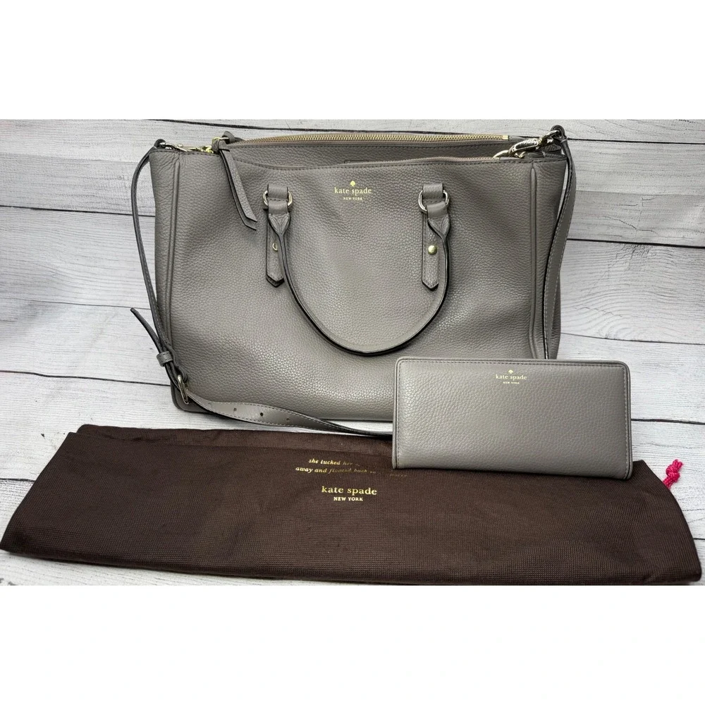 Kate Spade Pebble Leather Satchel Shoulder Bag & Wallet Set Gray Purse